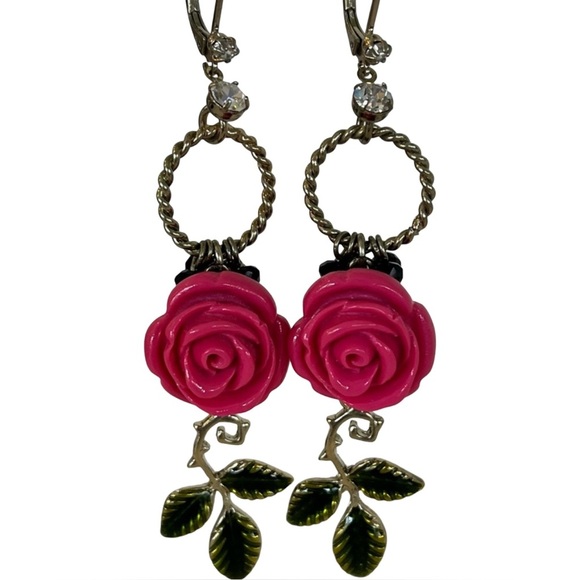 Vintage Betsey Johnson Pink Rose Dangle Earrings - Picture 1 of 10